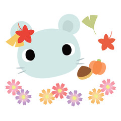 可愛いネズミのマーク　秋の紅葉