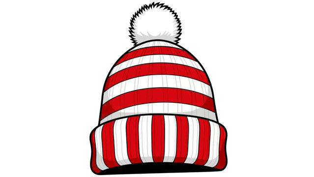 Red and White Striped Winter Hat with Pom Pom.