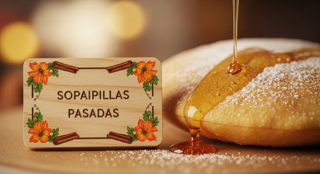Nostalgic Chilean Sopaipillas Pasadas Pumpkin Fritters with Dripping Syrup and Engraved Araucaria Wood Sign