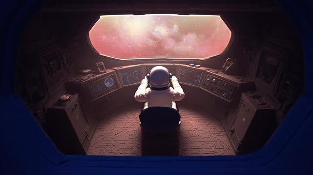 Spaceship, control room. An astronaut in a spacesuit.