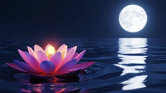 Glowing pink lotus flower with a lit candle floats on rippling water under a full moon at night.