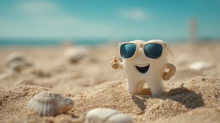 A smiling anthropomorphic tooth, wearing sunglasses, sits on a sandy beach. A sunny day with the ocean visible in the background