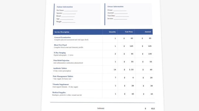 Professional veterinary treatment invoice template: comprehensive medication costs breakdown with structured follow-up care schedule