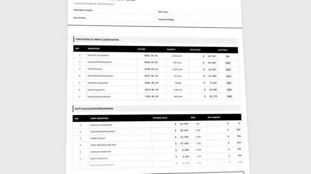 Close-up import duty calculation form template: professional customs tariff breakdown with structured fee assessment