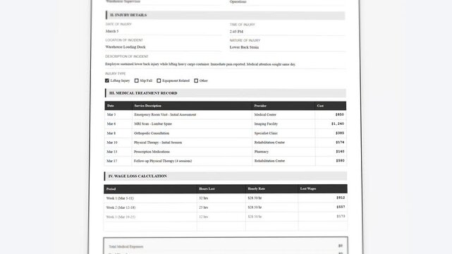 Close-up workers compensation claim form template with structured injury reporting and precise benefit calculations - Powered by Adobe
