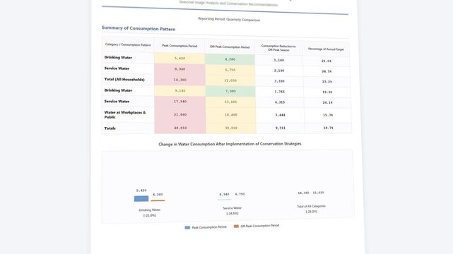 Professional water consumption report template: structured seasonal usage analysis with detailed conservation tracking dashboard