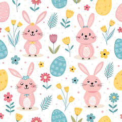 Cute Easter animals pattern with bunnies and chicks, playful pastel colors, seamless repeat, nursery and kids textile
