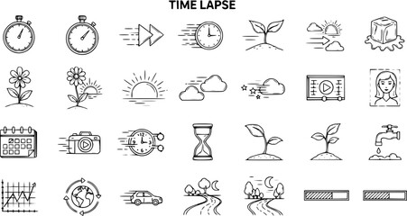 Time Lapse Hand-Drawn Vector Icons Set Illustrating Growth, Speed, Nature, Video Production, and Progression Concepts © victoria