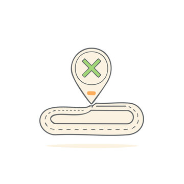 Map Pin with Wrong Cross Symbol on Path for Navigation Error, Destination Mistake Illustration