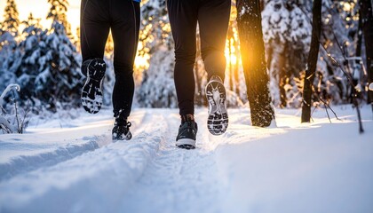 People Running in Snowy Winter Forest Trail