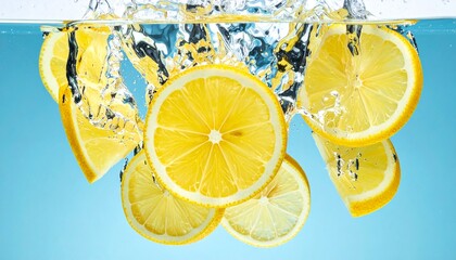 Fresh lemon slices falling deep underwater with a powerful splash and bubbles, captured on a vibrant blue background for refreshing beverage concepts.