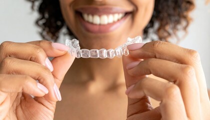 Woman Smiling, Holding Clear Dental Aligners