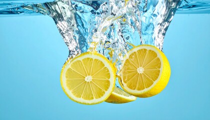Fresh lemon slices falling deep underwater with a powerful splash and bubbles, captured on a vibrant blue background for refreshing beverage concepts.
