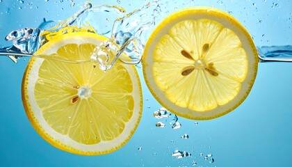 Fresh lemon slices falling deep underwater with a powerful splash and bubbles, captured on a vibrant blue background for refreshing beverage concepts.