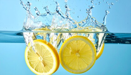 Fresh lemon slices falling deep underwater with a powerful splash and bubbles, captured on a vibrant blue background for refreshing beverage concepts.