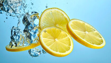 Fresh lemon slices falling deep underwater with a powerful splash and bubbles, captured on a vibrant blue background for refreshing beverage concepts.