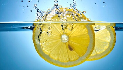 Fresh lemon slices falling deep underwater with a powerful splash and bubbles, captured on a vibrant blue background for refreshing beverage concepts.