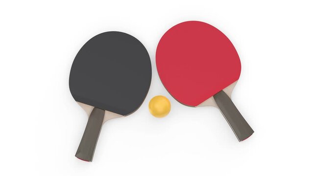 Pair of table tennis rackets and an orange ball on white background