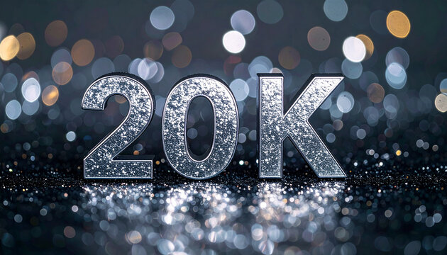 20K followers celebration with glittering silver text, social media milestone achievement.