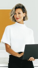 woman with laptop practices presentation, female trainer in white sweater ready to engage viewers