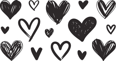 Collection of hand drawn black hearts in various styles