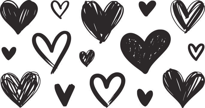 Collection of hand drawn black hearts in various styles