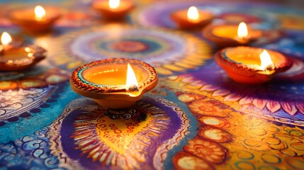 Happy Deepavali. Indian festival Diwali, Diya oil lamps lit on colorful rangoli. Hindu traditional. Copy space, selective focus
