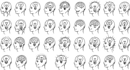 Obraz premium Thought Patterns: Human Heads with Lightbulbs Brains Illustrating Ideas, Creativity, Mental Processes