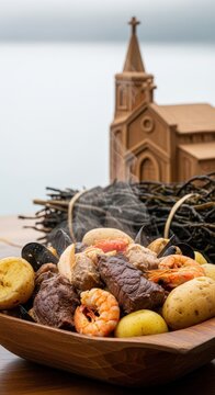 Steaming Traditional Chilean Curanto Seafood and Potato Stew with Negative Space