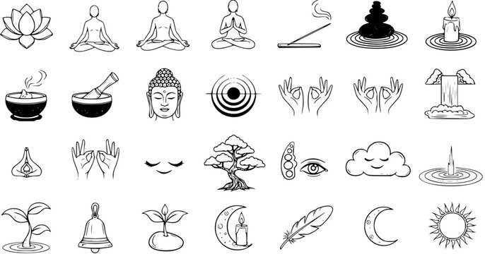 Hand-Drawn Vector Icons Set for Meditation, Yoga, Zen, and Spiritual Practices with Nature and Mindfulness Elements