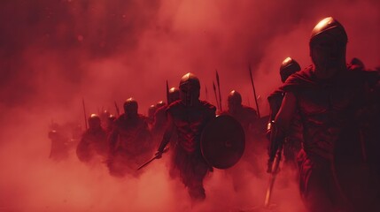 A digital image, likely an illustration, shows an army of ancient warriors with helmets and spears advancing in a dusty battlefield. The scene is dramatic, perhaps suitable for historical or war-theme