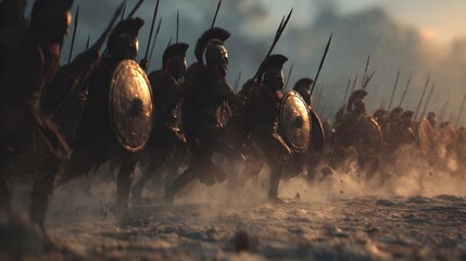 A digital image, likely an illustration, shows an army of ancient warriors with helmets and spears advancing in a dusty battlefield. The scene is dramatic, perhaps suitable for historical or war-theme