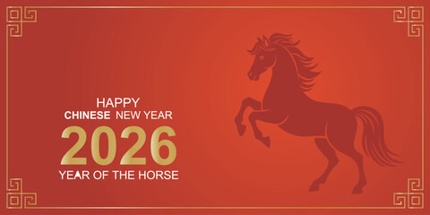2026 Chinese New Year card with red horse and gold frame vector illustration