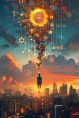 A stylized image of a person floating above a city with a sun-like structure above them