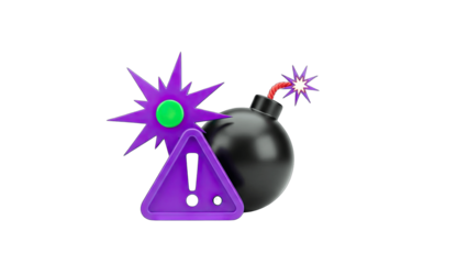 Bomb with Explosion and Warning Sign on White Background