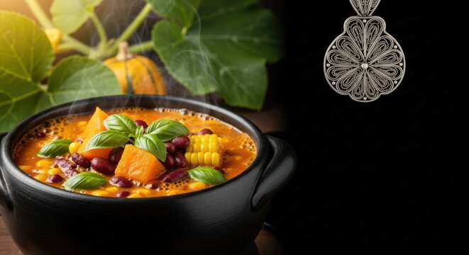 Steaming Chilean Porotos Granados Fresh Bean Stew in Black Clay Pot with Negative Space