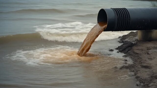 Polluted water pouring from a pipe into a body of water
