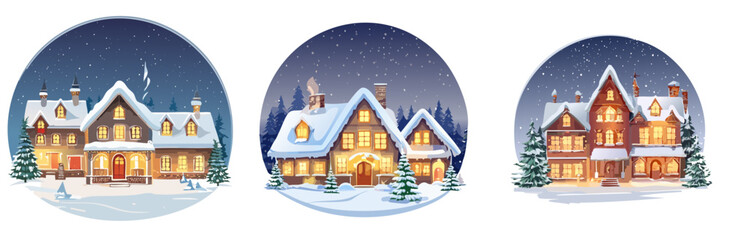 Cozy Winter Village House Illustration Set &mdash; Snowy Cottages with Warm Lights, Flat Storybook Vector Collection