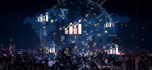 Visualization of global economic growth and stock market data. Financial chart analysis shows international business performance and investment opportunities in the world market. Fermion