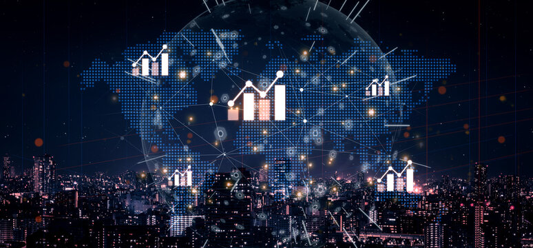 Visualization of global economic growth and stock market data. Financial chart analysis shows international business performance and investment opportunities in the world market. Fermion - Powered by Adobe