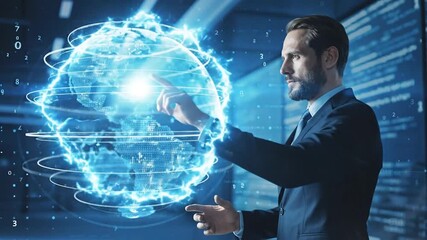 Business professional exploring global data on interactive holographic digital globe - Powered by Adobe