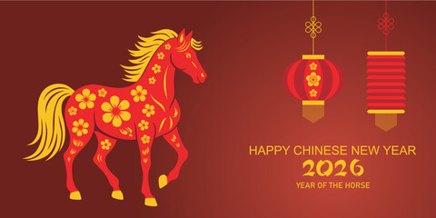 2026 Chinese New Year of the horse greeting card with red horse and lantern hanging on red background