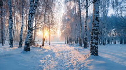 A snowy path leads through a serene winter forest at sunrise. The sun casts a warm glow amidst the bare trees and glistening snow