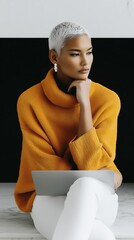 stylish lady analyzing on camera, selfassured woman with fashion flair in artistic environment