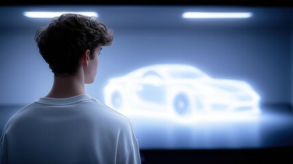 Young designer examines hologram vehicle, Young designer inspects holographic car model surrounded by concept sketches and presentation
