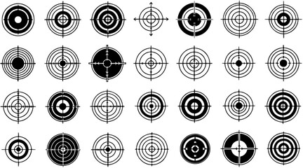 Collection of diverse target reticles and crosshairs. Set of black and white aiming marks for shooting, practice, and accuracy, featuring various circular and line designs.