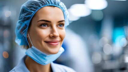 A young woman in medical attire, including a blue cap and mask, is pictured in a bright, sterile hospital setting. Her expression conveys professionalism and dedication to healthcare