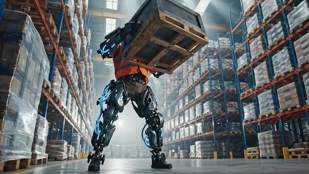 Male worker wearing futuristic mechanical exoskeleton suit lifts heavy crate in warehouse aisle lined with shelves