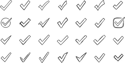 Collection of Hand-Drawn Check Mark Icons in Various Styles on White Background