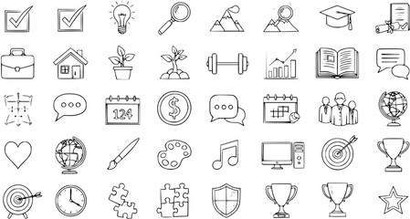 Hand-drawn Doodle Vector Icons Set for Business, Education, Success, and General Concepts